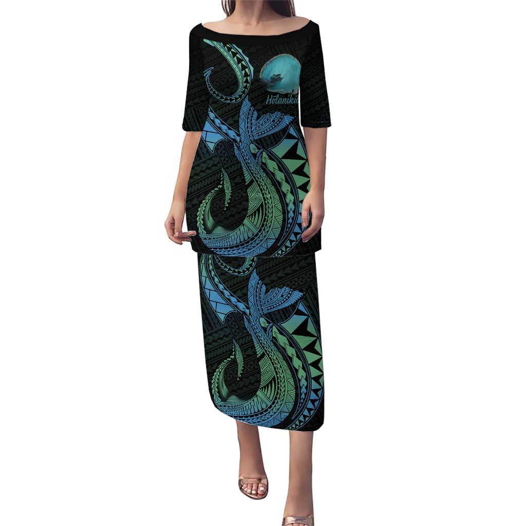 Personalised Hawaii Kure Atoll Puletasi Holaniku Coral Reef with Polynesian Tribal LT9 Long Dress Blue - Polynesian Pride