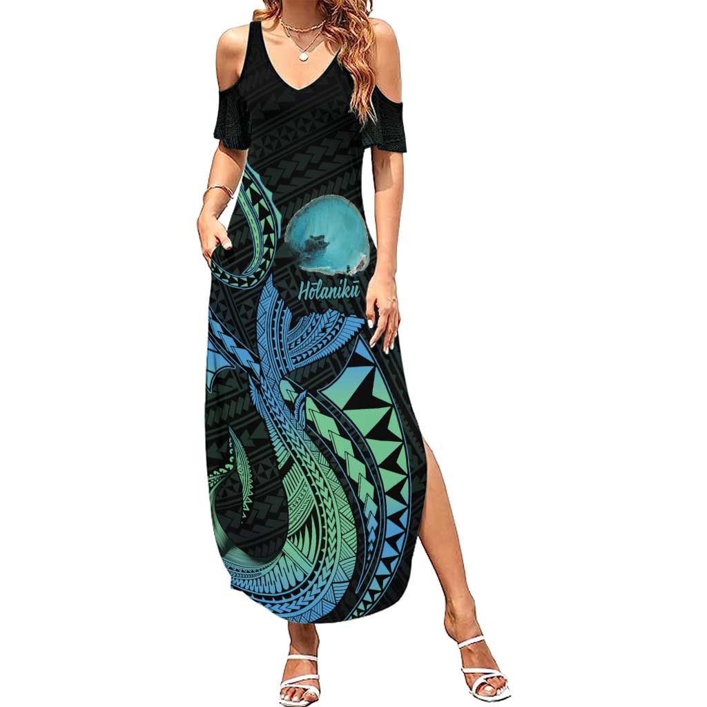 Personalised Hawaii Kure Atoll Summer Maxi Dress Holaniku Coral Reef with Polynesian Tribal LT9 Women Blue - Polynesian Pride