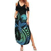 Personalised Hawaii Kure Atoll Summer Maxi Dress Holaniku Coral Reef with Polynesian Tribal LT9 Women Blue - Polynesian Pride