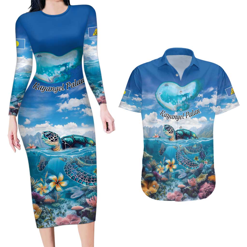 Personalised Palau Kayangel Atoll Couples Matching Long Sleeve Bodycon Dress and Hawaiian Shirt Turtle With Coral Reef Under Water