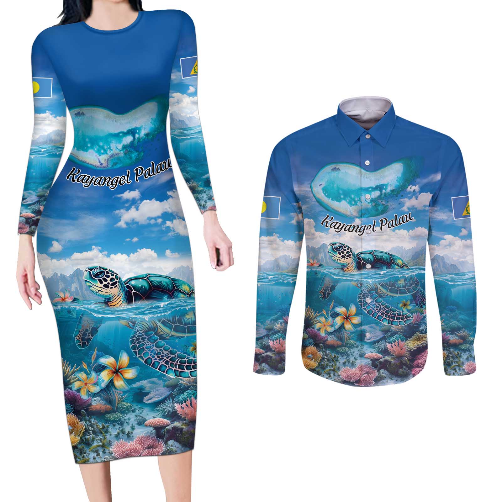 Personalised Palau Kayangel Atoll Couples Matching Long Sleeve Bodycon Dress and Long Sleeve Button Shirt Turtle With Coral Reef Under Water