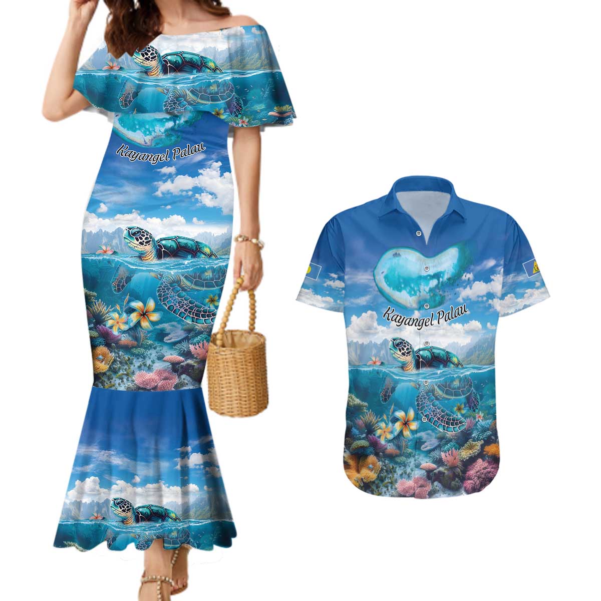 Personalised Palau Kayangel Atoll Couples Matching Mermaid Dress and Hawaiian Shirt Turtle With Coral Reef Under Water