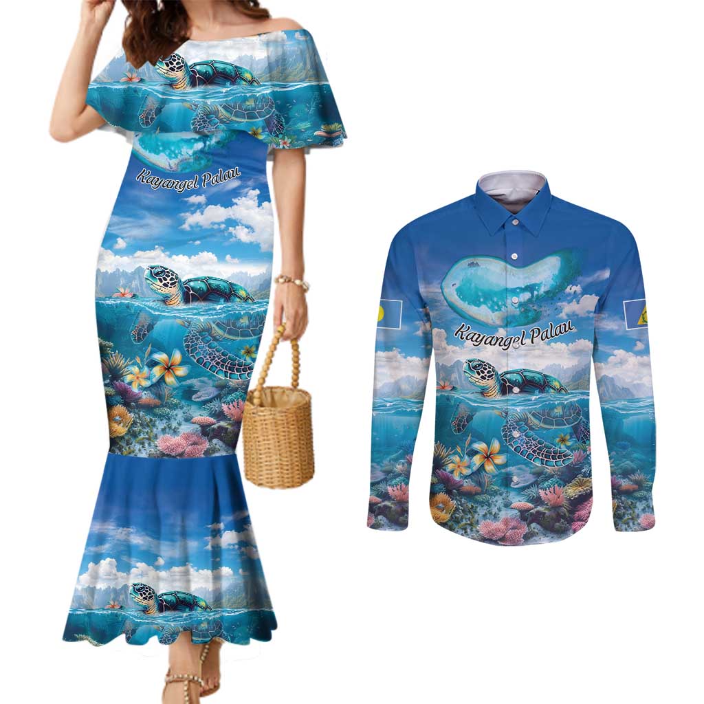 Personalised Palau Kayangel Atoll Couples Matching Mermaid Dress and Long Sleeve Button Shirt Turtle With Coral Reef Under Water