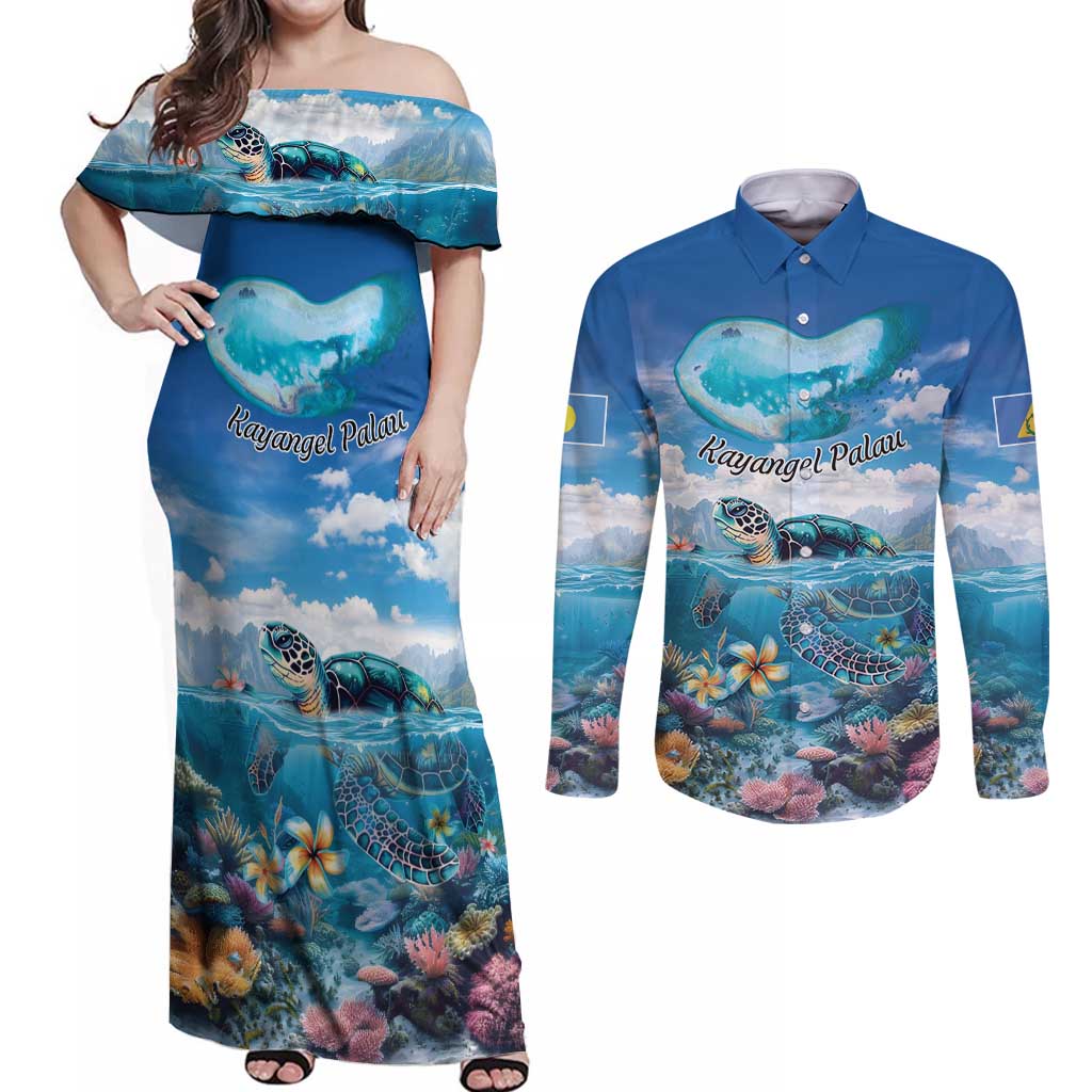 Personalised Palau Kayangel Atoll Couples Matching Off Shoulder Maxi Dress and Long Sleeve Button Shirt Turtle With Coral Reef Under Water