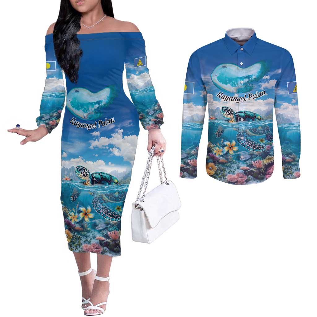 Personalised Palau Kayangel Atoll Couples Matching Off The Shoulder Long Sleeve Dress and Long Sleeve Button Shirt Turtle With Coral Reef Under Water