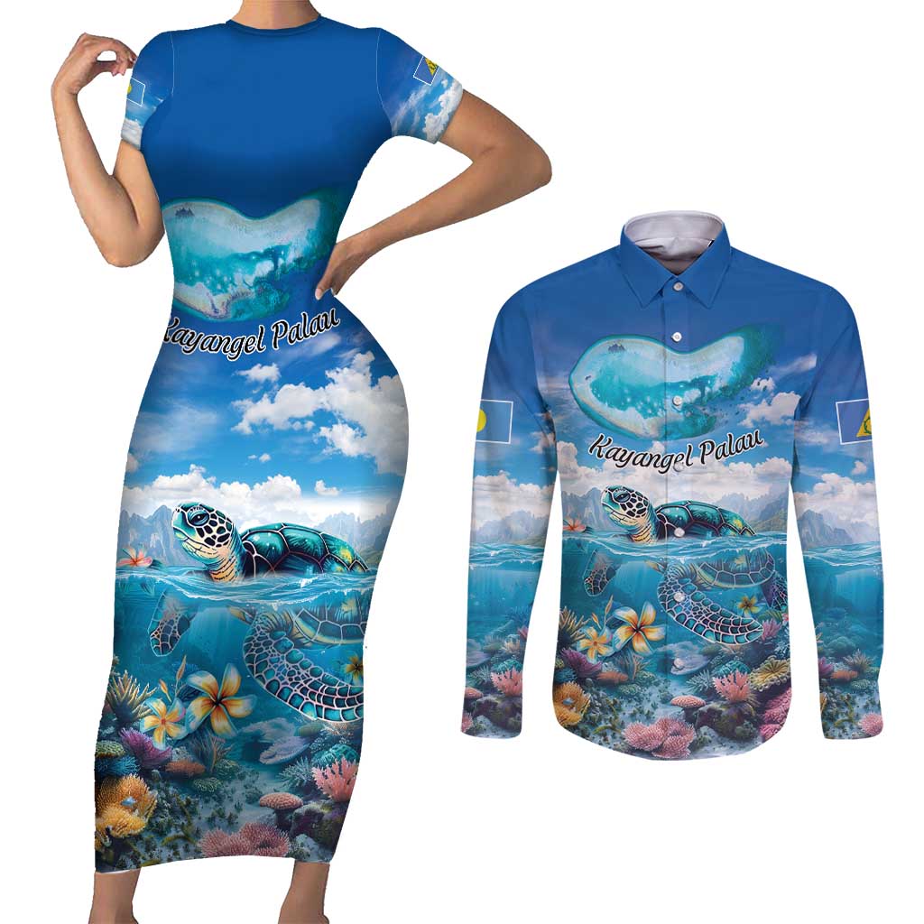 Personalised Palau Kayangel Atoll Couples Matching Short Sleeve Bodycon Dress and Long Sleeve Button Shirt Turtle With Coral Reef Under Water