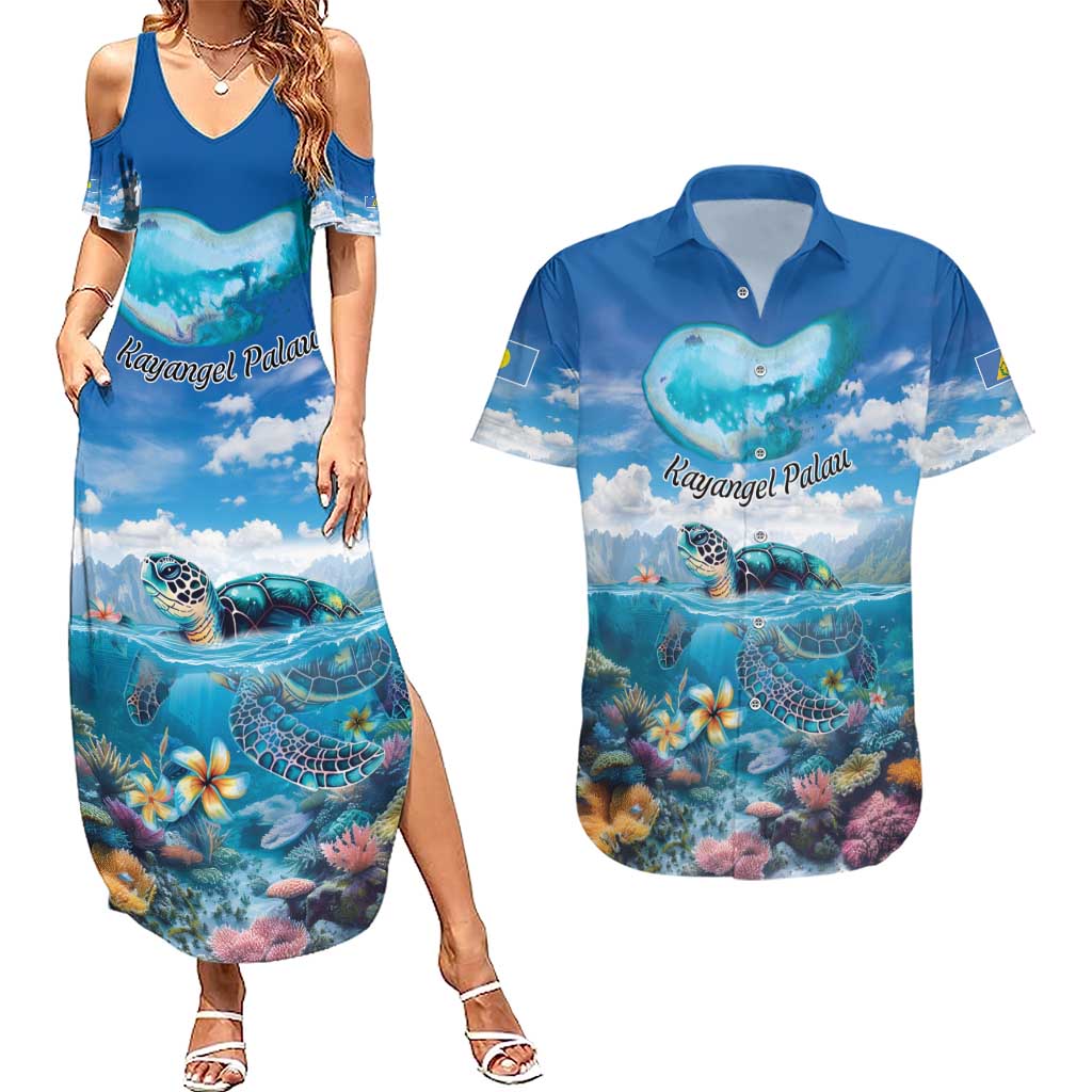 Personalised Palau Kayangel Atoll Couples Matching Summer Maxi Dress and Hawaiian Shirt Turtle With Coral Reef Under Water