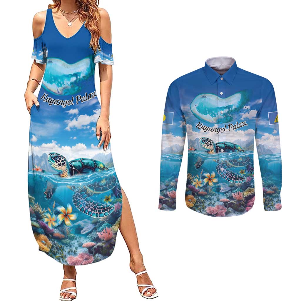 Personalised Palau Kayangel Atoll Couples Matching Summer Maxi Dress and Long Sleeve Button Shirt Turtle With Coral Reef Under Water