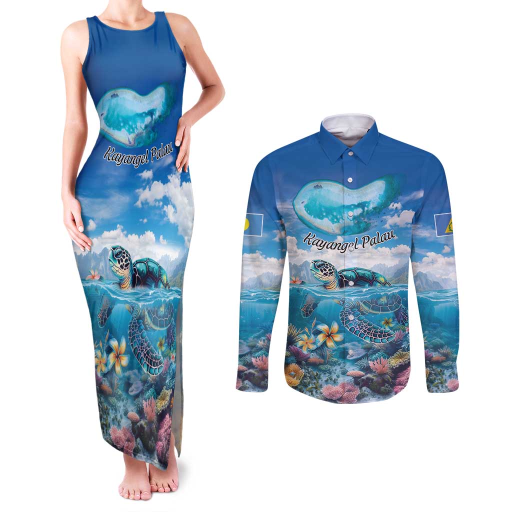 Personalised Palau Kayangel Atoll Couples Matching Tank Maxi Dress and Long Sleeve Button Shirt Turtle With Coral Reef Under Water