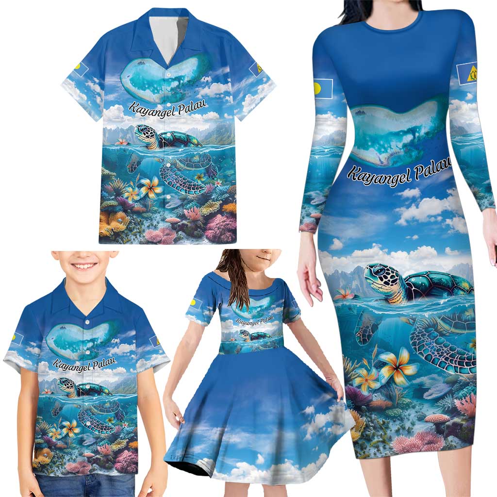 Personalised Palau Kayangel Atoll Family Matching Long Sleeve Bodycon Dress and Hawaiian Shirt Turtle With Coral Reef Under Water