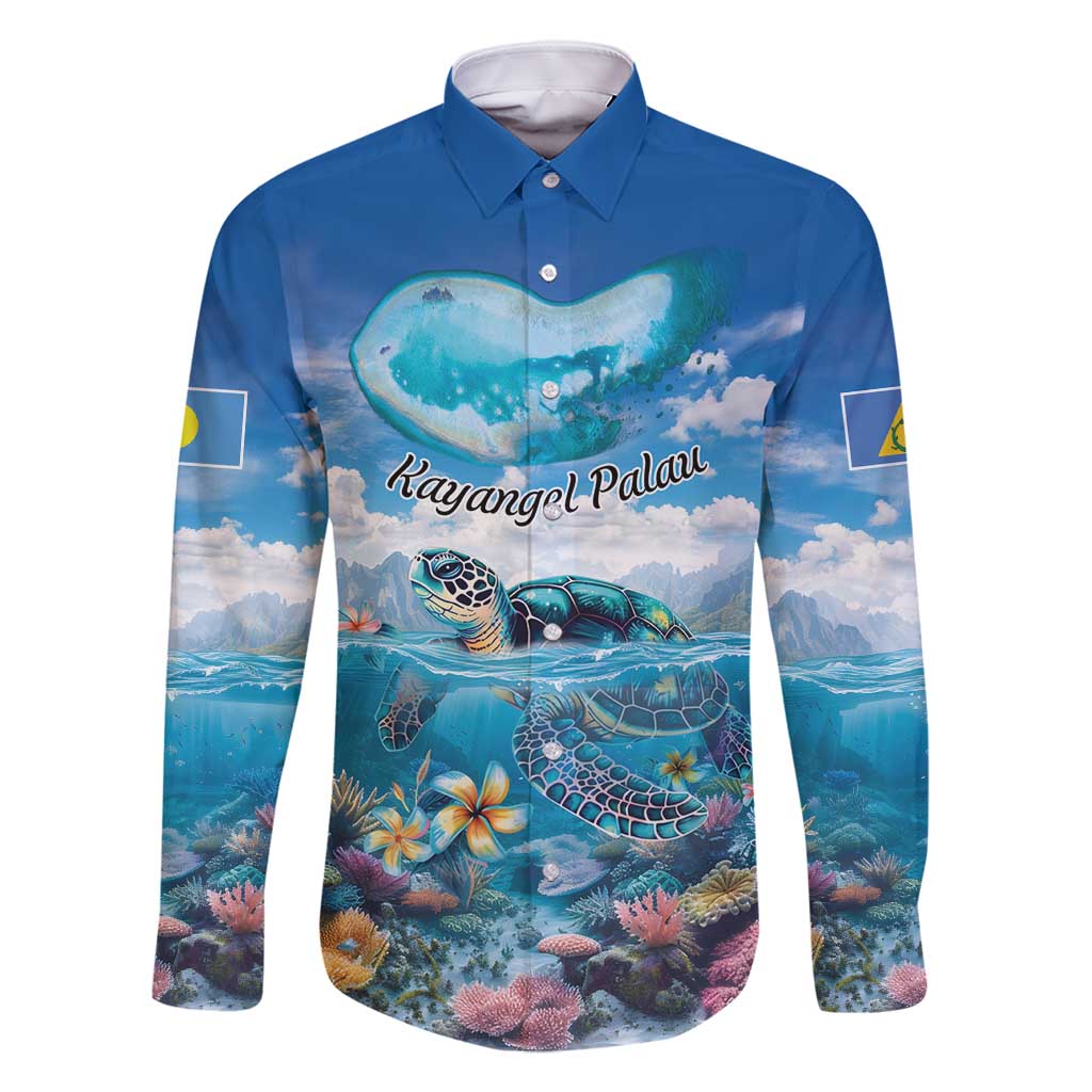 Personalised Palau Kayangel Atoll Family Matching Long Sleeve Bodycon Dress and Hawaiian Shirt Turtle With Coral Reef Under Water