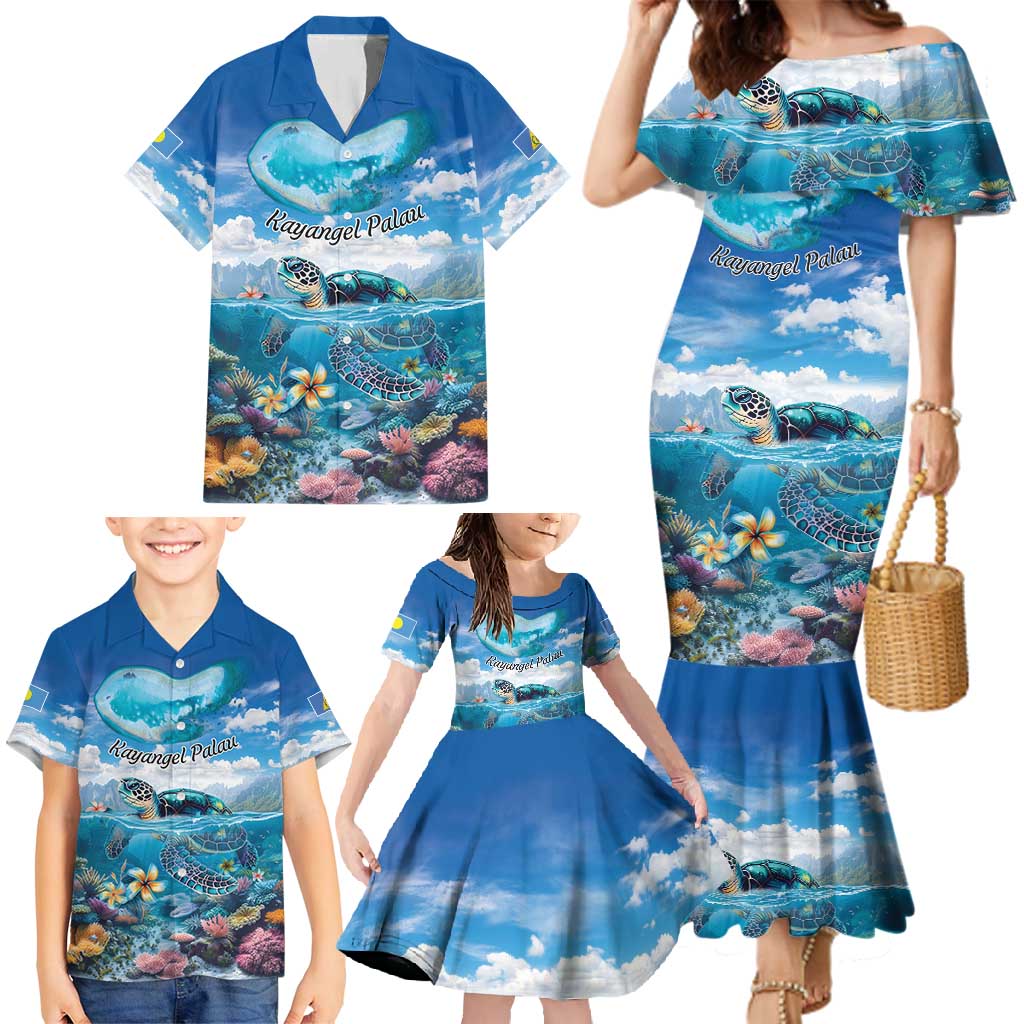 Personalised Palau Kayangel Atoll Family Matching Mermaid Dress and Hawaiian Shirt Turtle With Coral Reef Under Water