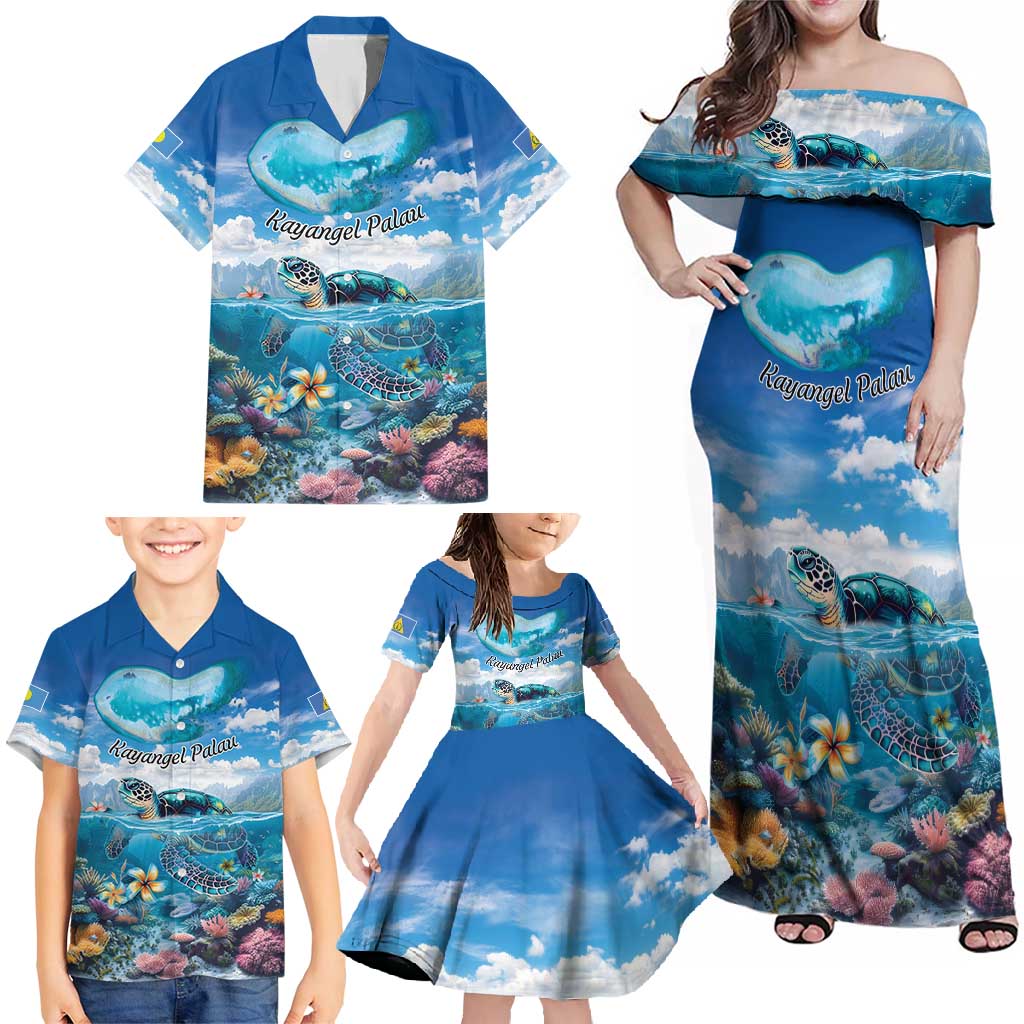 Personalised Palau Kayangel Atoll Family Matching Off Shoulder Maxi Dress and Hawaiian Shirt Turtle With Coral Reef Under Water