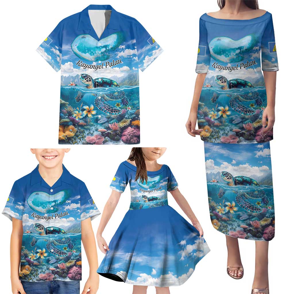 Personalised Palau Kayangel Atoll Family Matching Puletasi and Hawaiian Shirt Turtle With Coral Reef Under Water