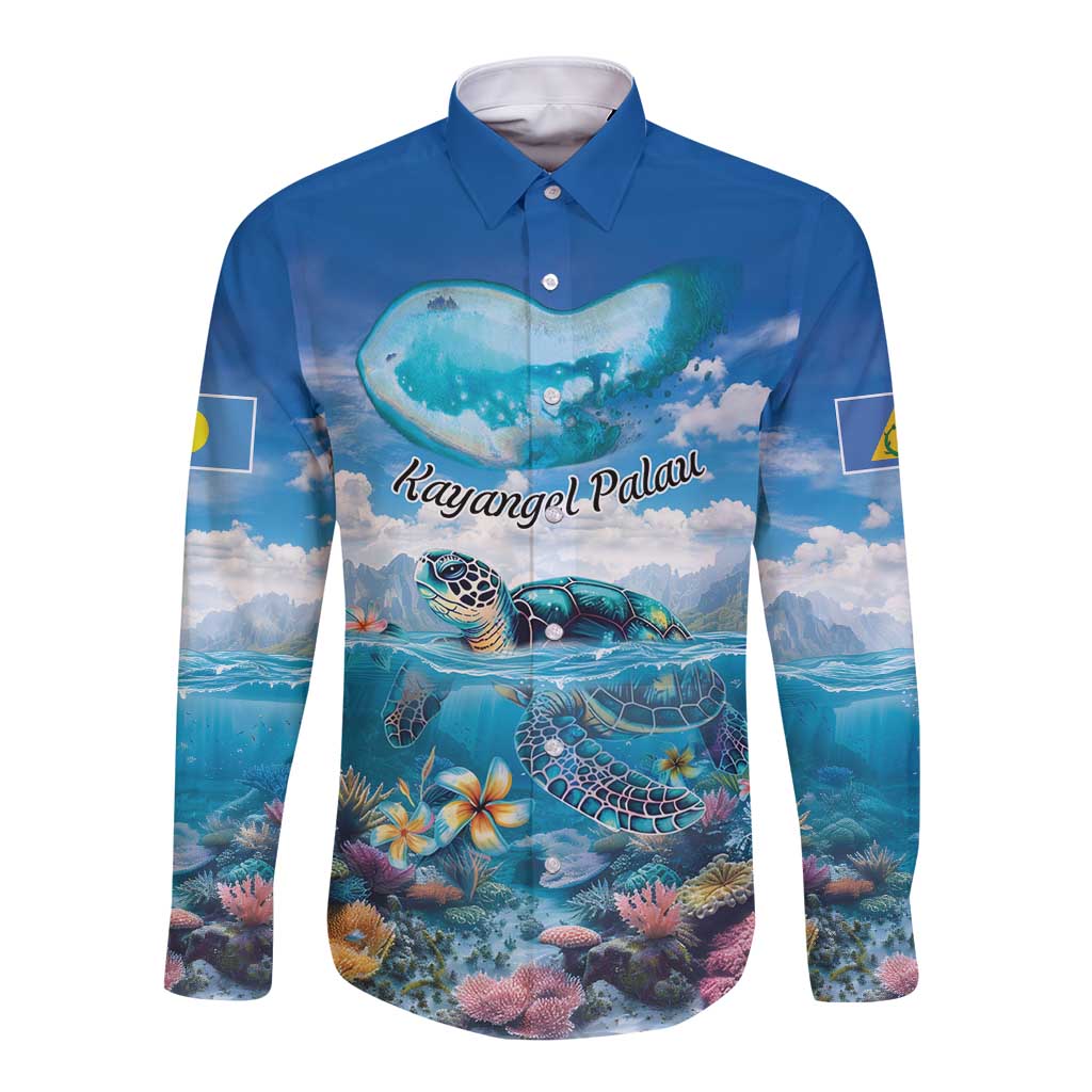 Personalised Palau Kayangel Atoll Long Sleeve Button Shirt Turtle With Coral Reef Under Water