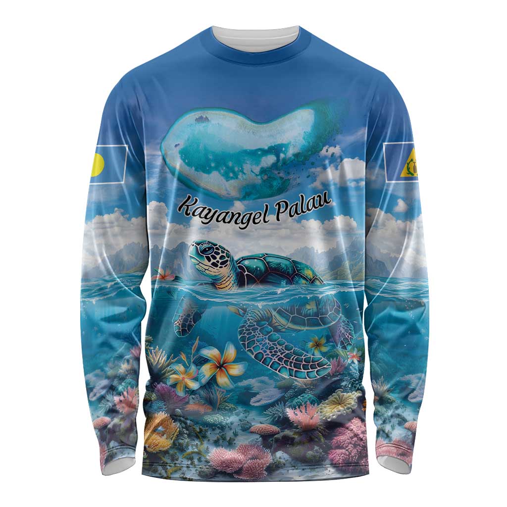 Personalised Palau Kayangel Atoll Long Sleeve Shirt Turtle With Coral Reef Under Water