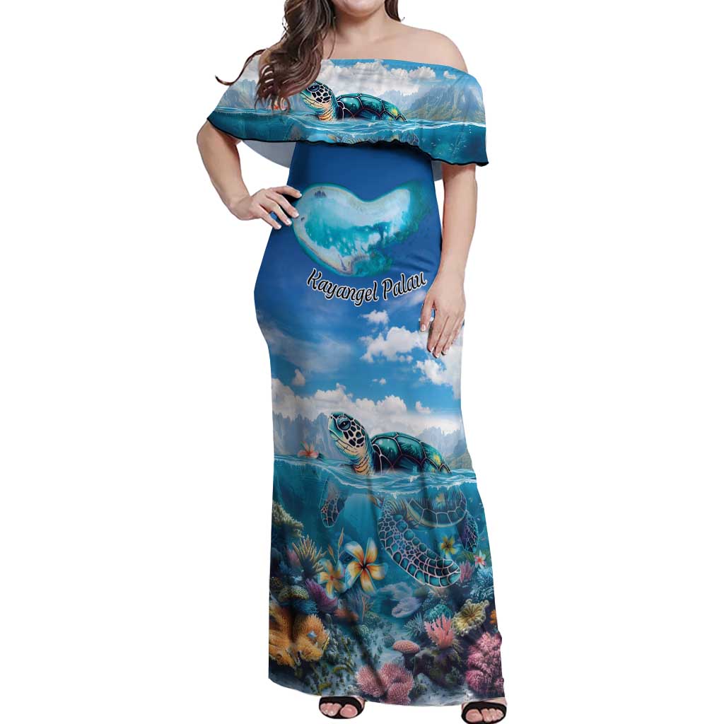 Personalised Palau Kayangel Atoll Off Shoulder Maxi Dress Turtle With Coral Reef Under Water