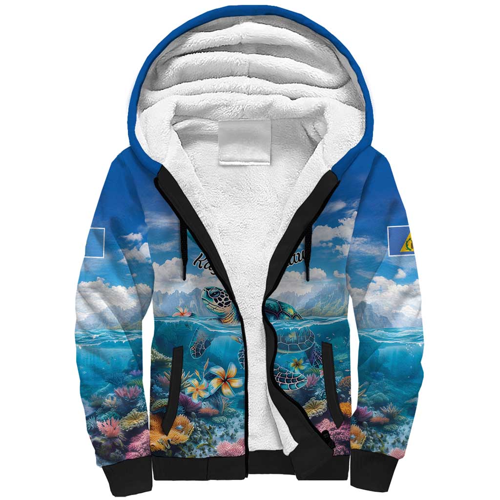 Personalised Palau Kayangel Atoll Sherpa Hoodie Turtle With Coral Reef Under Water