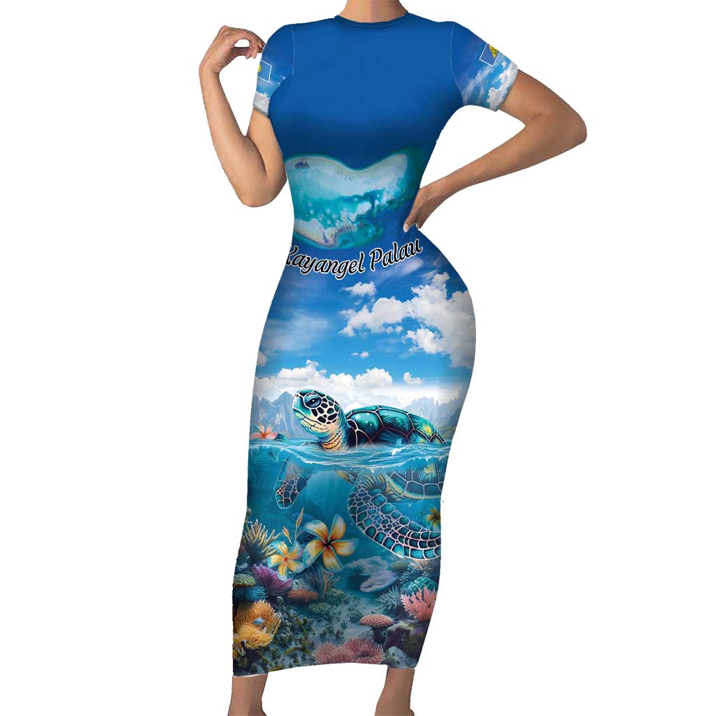 Personalised Palau Kayangel Atoll Short Sleeve Bodycon Dress Turtle With Coral Reef Under Water