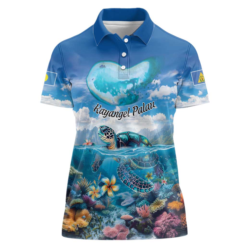 Personalised Palau Kayangel Atoll Women Polo Shirt Turtle With Coral Reef Under Water