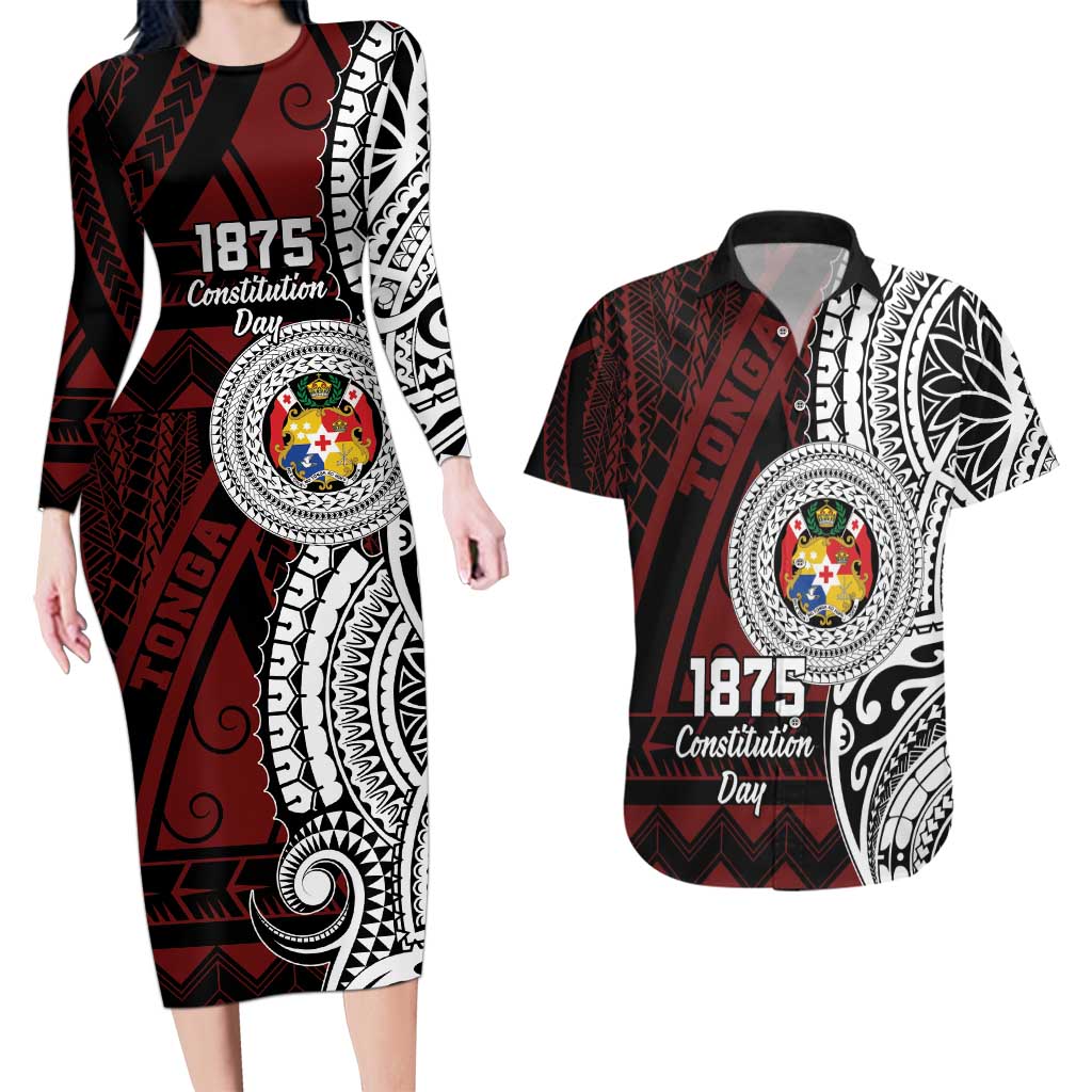 Personalised Tonga Constitution Day 1875 Couples Matching Long Sleeve Bodycon Dress and Hawaiian Shirt Polynesian Tribal Tattoo