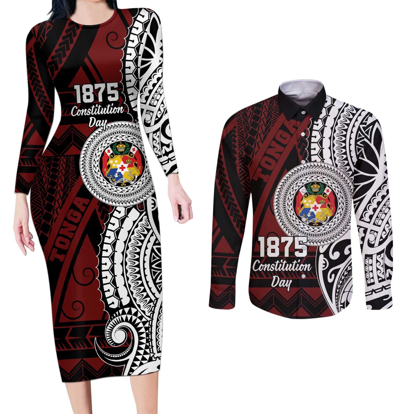 Personalised Tonga Constitution Day 1875 Couples Matching Long Sleeve Bodycon Dress and Long Sleeve Button Shirt Polynesian Tribal Tattoo LT9 Red - Polynesian Pride