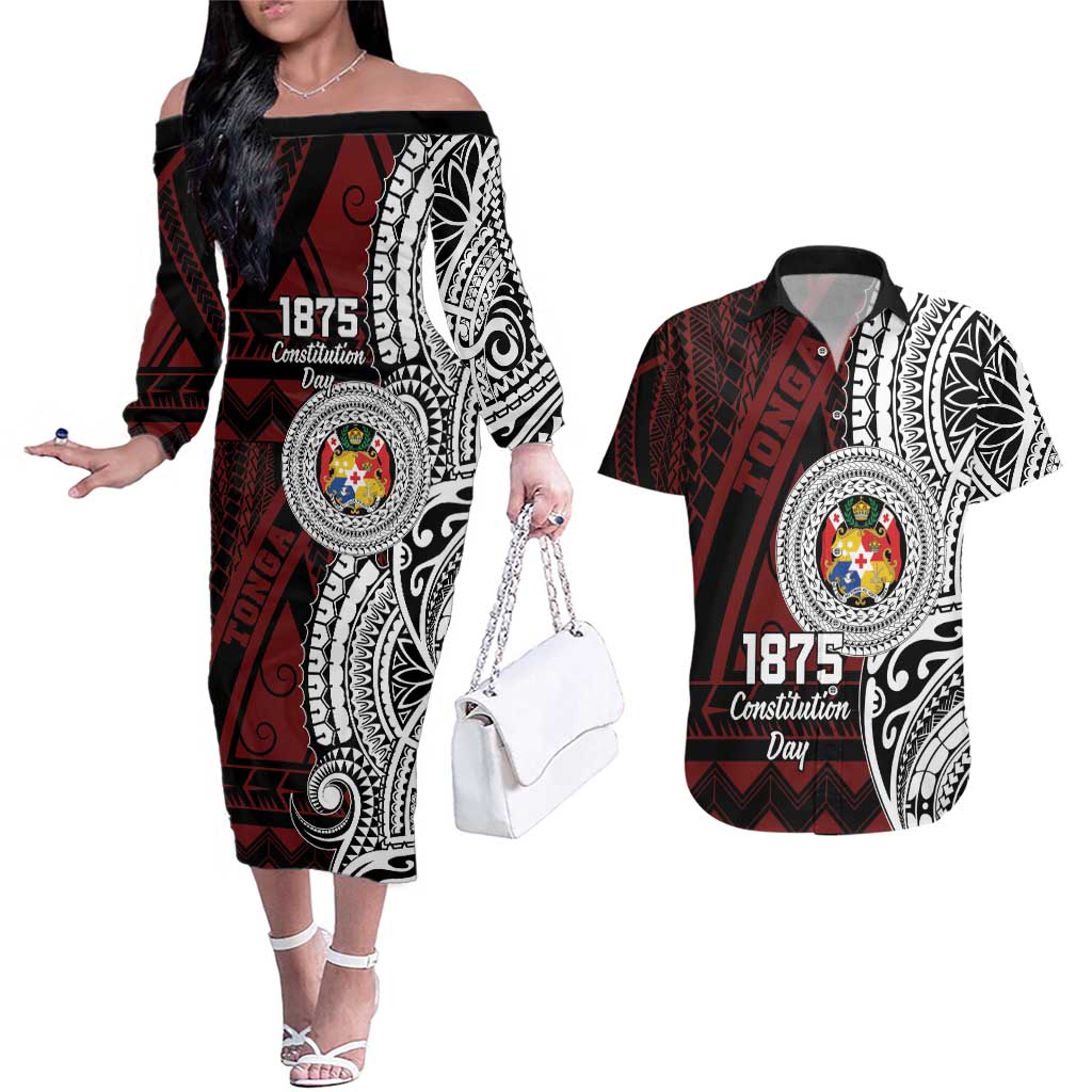 Personalised Tonga Constitution Day 1875 Couples Matching Off The Shoulder Long Sleeve Dress and Hawaiian Shirt Polynesian Tribal Tattoo LT9 Red - Polynesian Pride