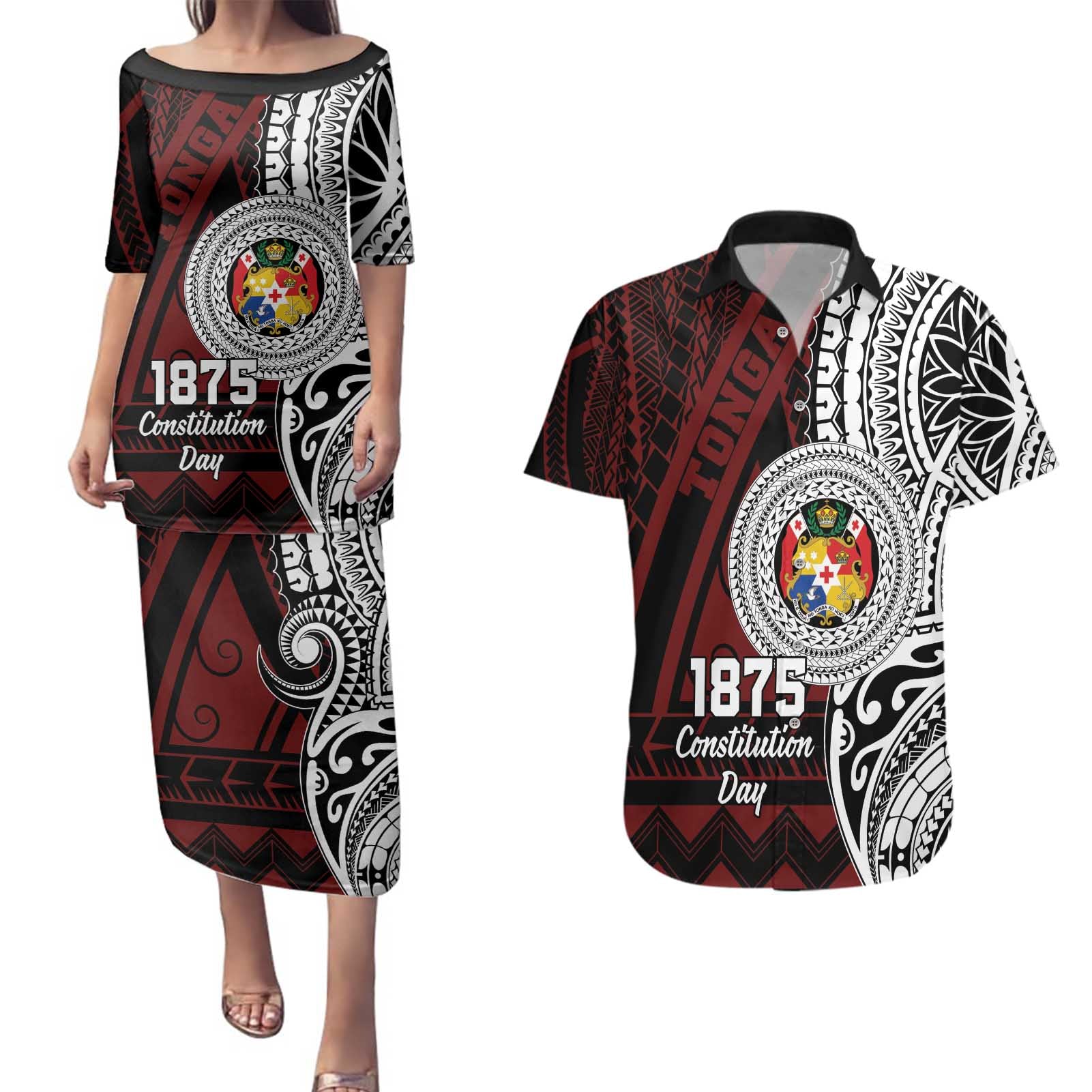 Personalised Tonga Constitution Day 1875 Couples Matching Puletasi and Hawaiian Shirt Polynesian Tribal Tattoo