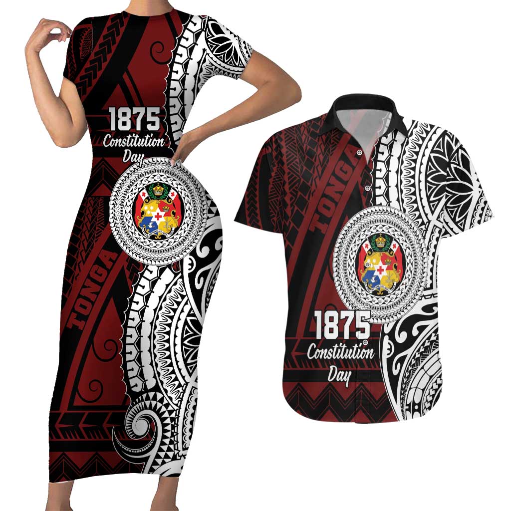 Personalised Tonga Constitution Day 1875 Couples Matching Short Sleeve Bodycon Dress and Hawaiian Shirt Polynesian Tribal Tattoo