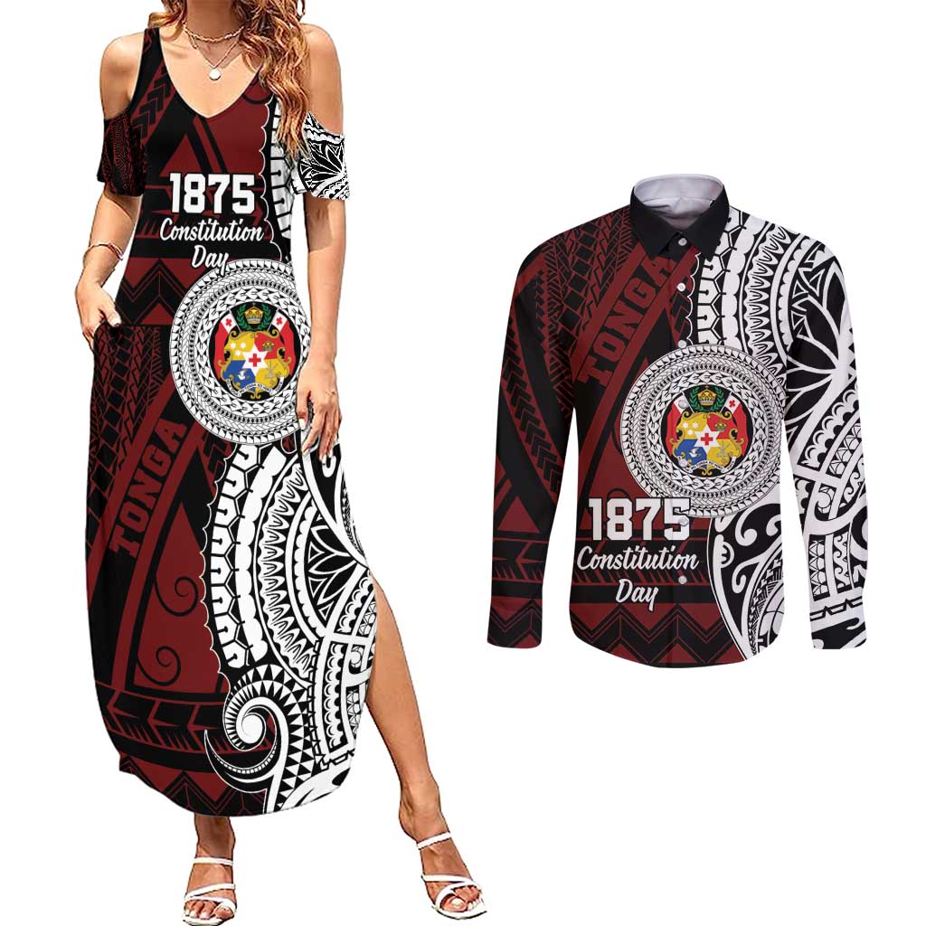 Personalised Tonga Constitution Day 1875 Couples Matching Summer Maxi Dress and Long Sleeve Button Shirt Polynesian Tribal Tattoo