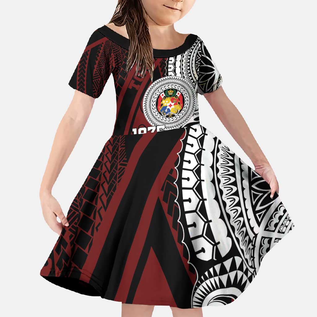 Personalised Tonga Constitution Day 1875 Family Matching Long Sleeve Bodycon Dress and Hawaiian Shirt Polynesian Tribal Tattoo LT9 Daughter's Dress Red - Polynesian Pride