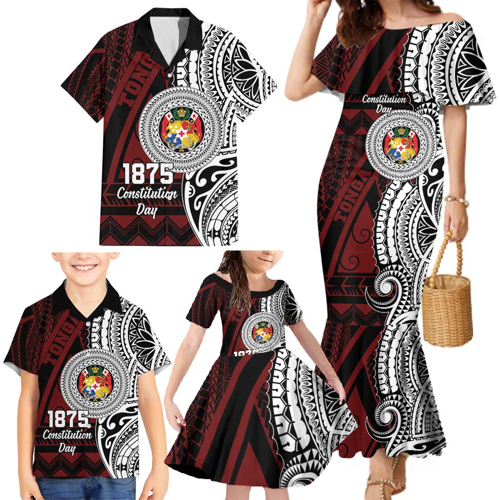 Personalised Tonga Constitution Day 1875 Family Matching Mermaid Dress and Hawaiian Shirt Polynesian Tribal Tattoo