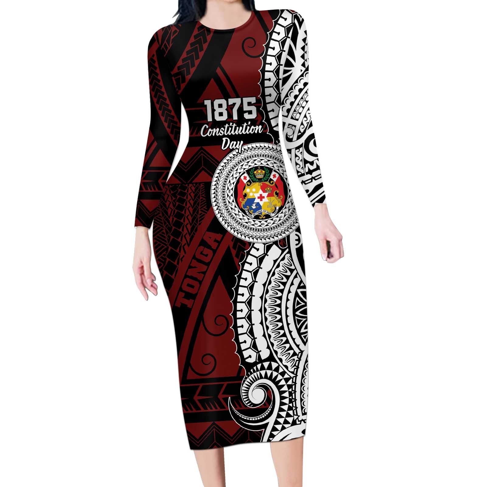 Personalised Tonga Constitution Day 1875 Long Sleeve Bodycon Dress Polynesian Tribal Tattoo