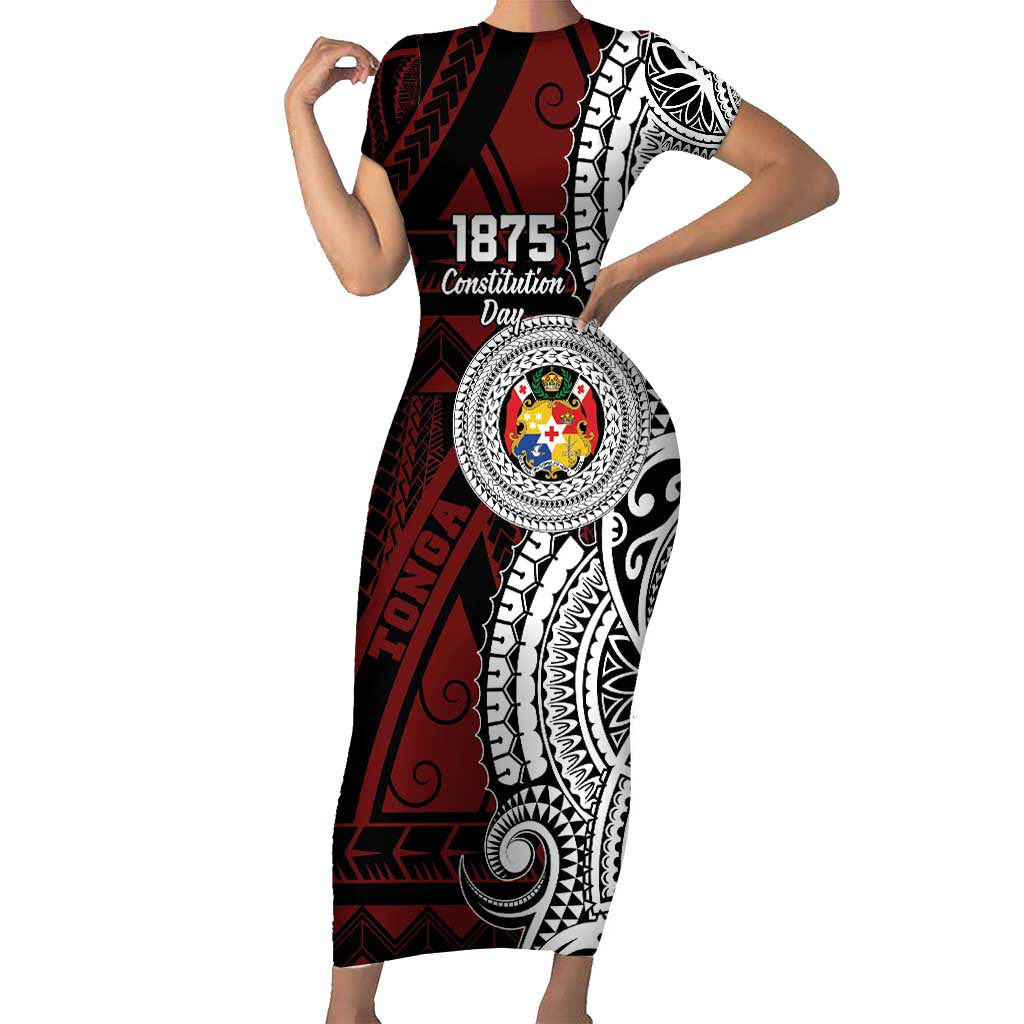 Personalised Tonga Constitution Day 1875 Short Sleeve Bodycon Dress Polynesian Tribal Tattoo