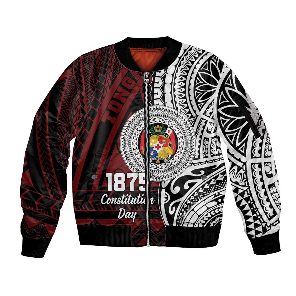 Personalised Tonga Constitution Day 1875 Sleeve Zip Bomber Jacket Polynesian Tribal Tattoo