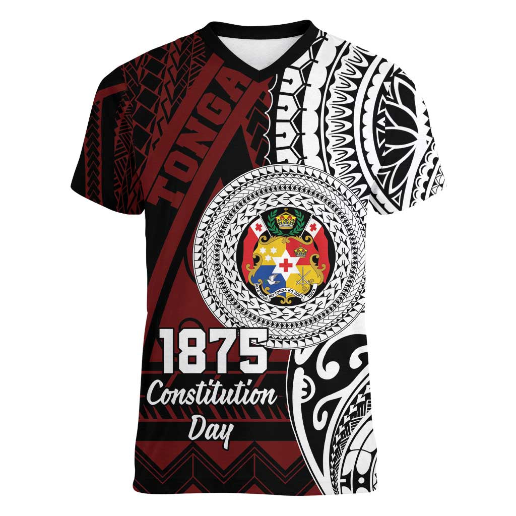 Personalised Tonga Constitution Day 1875 Women V-Neck T-Shirt Polynesian Tribal Tattoo LT9 Female Red - Polynesian Pride