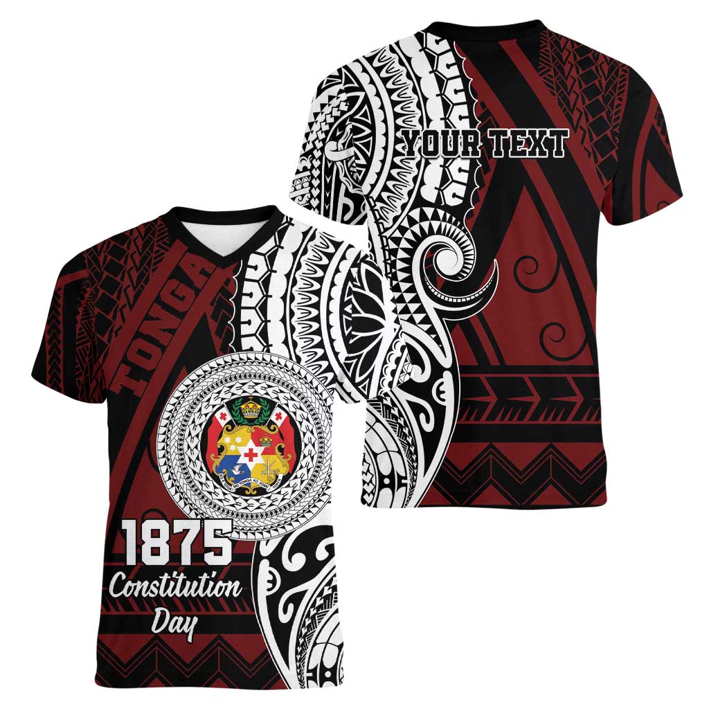 Personalised Tonga Constitution Day 1875 Women V-Neck T-Shirt Polynesian Tribal Tattoo LT9 - Polynesian Pride