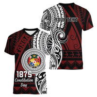 Personalised Tonga Constitution Day 1875 Women V-Neck T-Shirt Polynesian Tribal Tattoo LT9 - Polynesian Pride