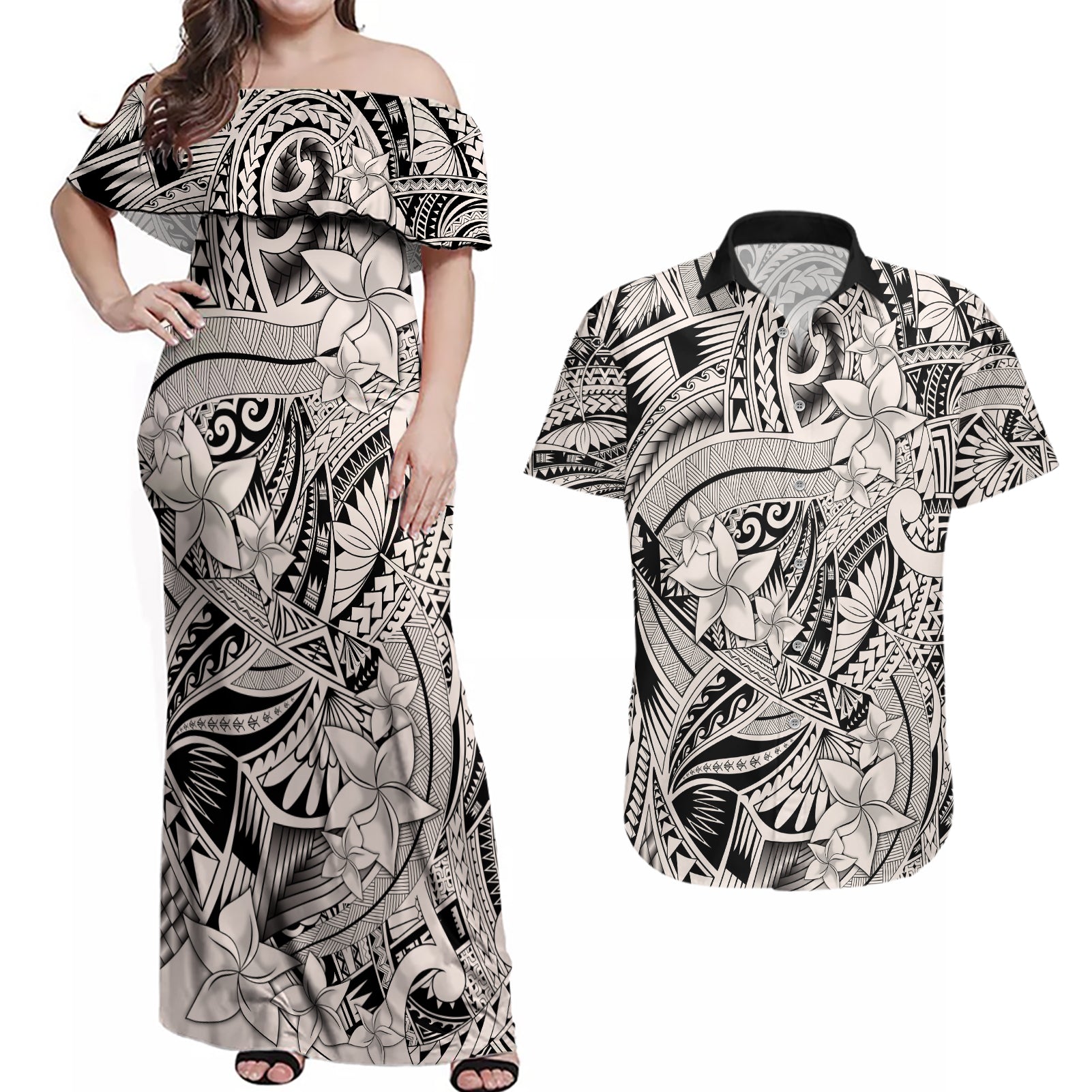 Polynesia Couples Matching Off Shoulder Maxi Dress and Hawaiian Shirt Tribal Polynesian Spirit With Beige Pacific Flowers LT9 Beige - Polynesian Pride