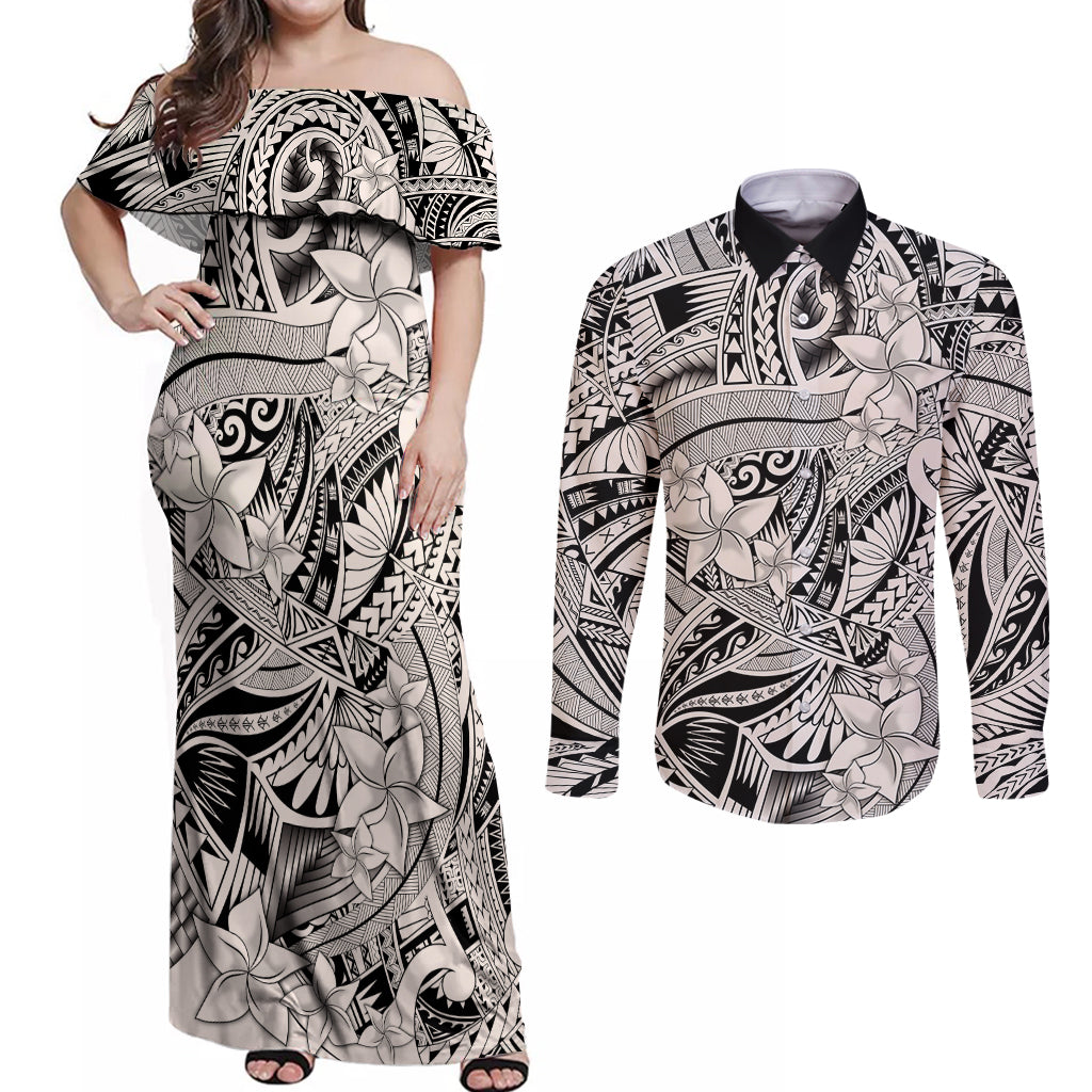 Polynesia Couples Matching Off Shoulder Maxi Dress and Long Sleeve Button Shirt Tribal Polynesian Spirit With Beige Pacific Flowers LT9 Beige - Polynesian Pride