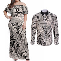 Polynesia Couples Matching Off Shoulder Maxi Dress and Long Sleeve Button Shirt Tribal Polynesian Spirit With Beige Pacific Flowers LT9 Beige - Polynesian Pride