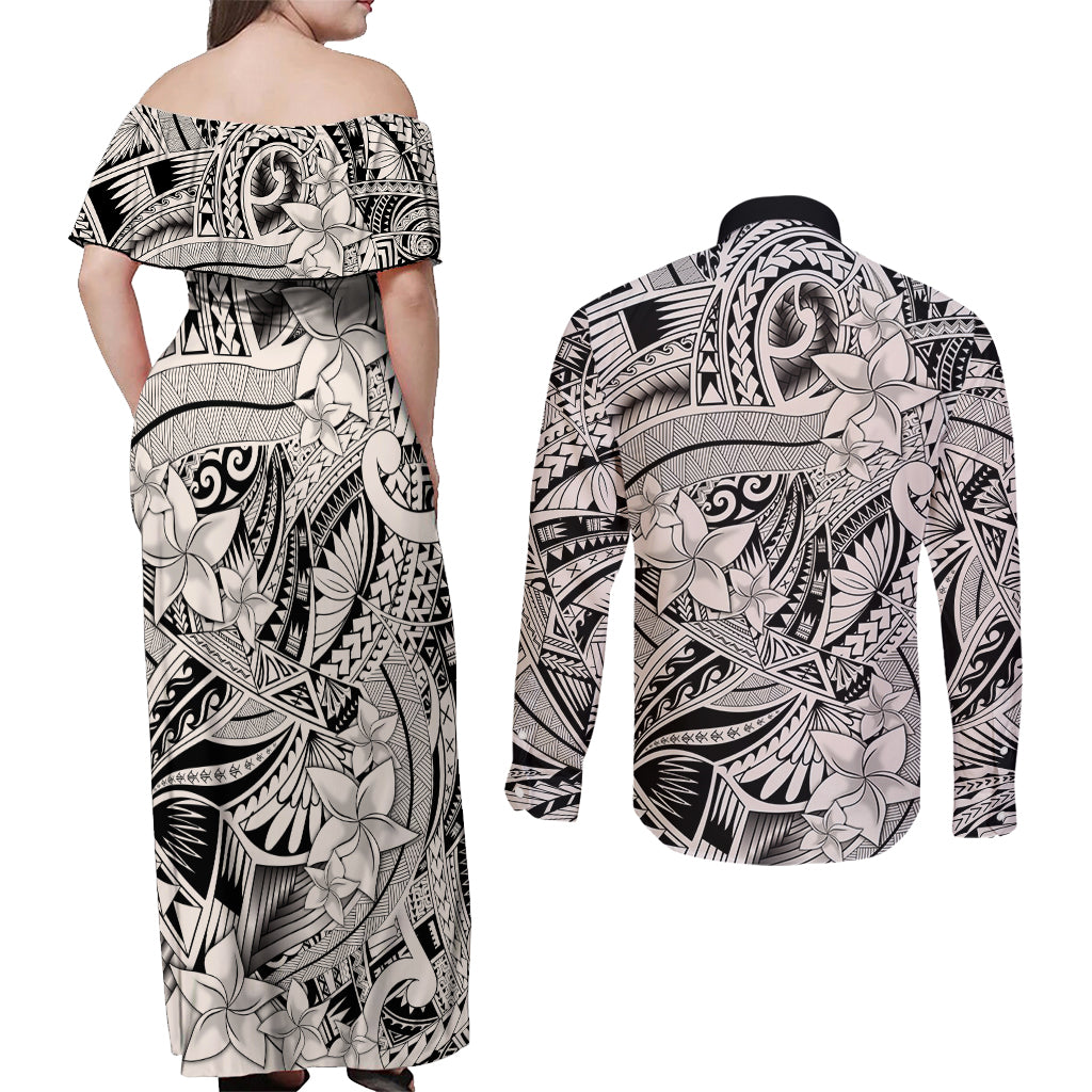Polynesia Couples Matching Off Shoulder Maxi Dress and Long Sleeve Button Shirt Tribal Polynesian Spirit With Beige Pacific Flowers LT9 - Polynesian Pride