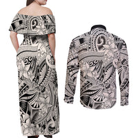 Polynesia Couples Matching Off Shoulder Maxi Dress and Long Sleeve Button Shirt Tribal Polynesian Spirit With Beige Pacific Flowers LT9 - Polynesian Pride