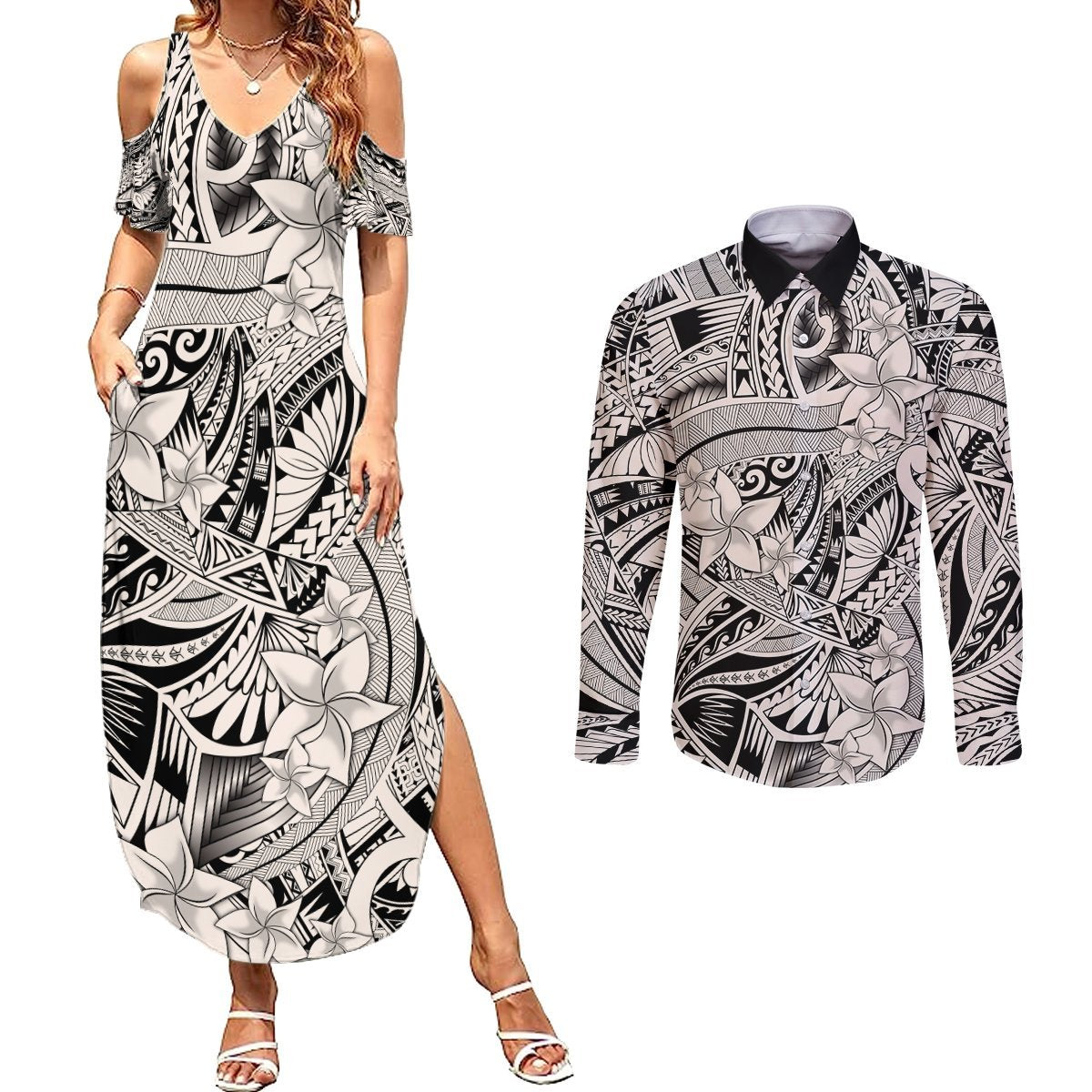 Polynesia Couples Matching Summer Maxi Dress and Long Sleeve Button Shirt Tribal Polynesian Spirit With Beige Pacific Flowers LT9 Beige - Polynesian Pride