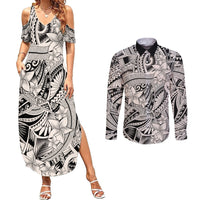 Polynesia Couples Matching Summer Maxi Dress and Long Sleeve Button Shirt Tribal Polynesian Spirit With Beige Pacific Flowers LT9 Beige - Polynesian Pride