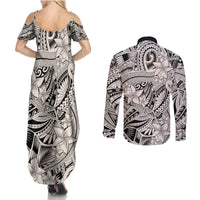 Polynesia Couples Matching Summer Maxi Dress and Long Sleeve Button Shirt Tribal Polynesian Spirit With Beige Pacific Flowers LT9 - Polynesian Pride