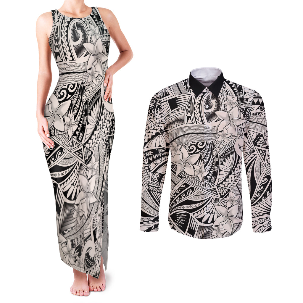 Polynesia Couples Matching Tank Maxi Dress and Long Sleeve Button Shirt Tribal Polynesian Spirit With Beige Pacific Flowers LT9 Beige - Polynesian Pride