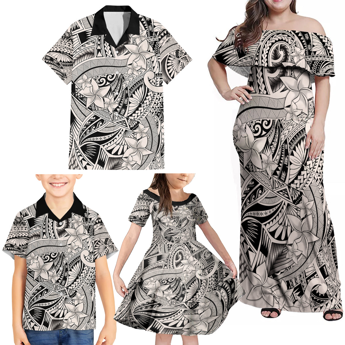 Polynesia Family Matching Off Shoulder Maxi Dress and Hawaiian Shirt Tribal Polynesian Spirit With Beige Pacific Flowers LT9 Beige - Polynesian Pride