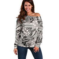 Polynesia Off Shoulder Sweater Tribal Polynesian Spirit With Beige Pacific Flowers LT9 Women Beige - Polynesian Pride