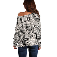 Polynesia Off Shoulder Sweater Tribal Polynesian Spirit With Beige Pacific Flowers LT9 - Polynesian Pride
